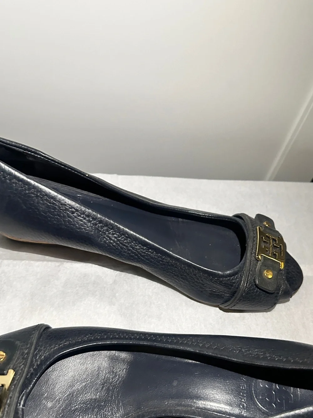 Tory Burch Navy Blue Leather Peep-Toe Kitten Heel Wedge with Gold Logo Accent